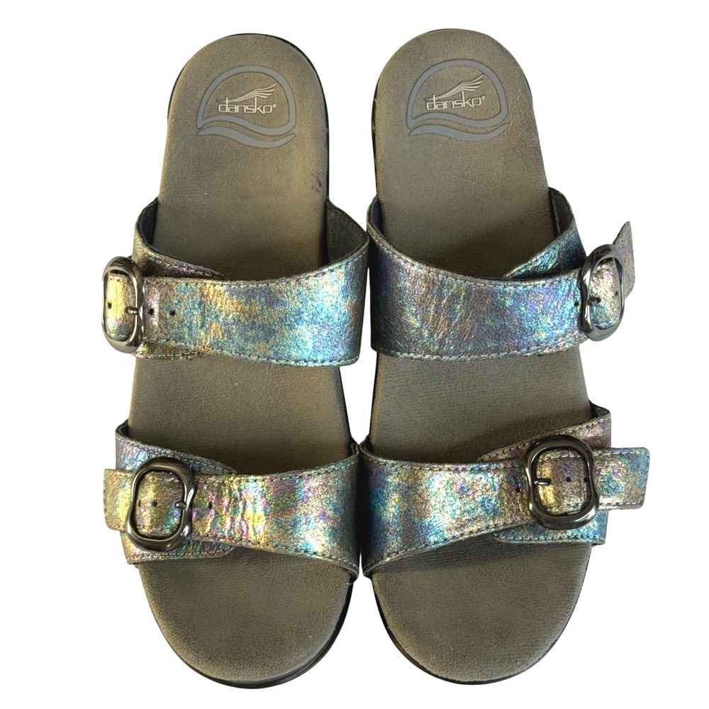 Dansko Iridescent Metallic Leather Platform Wedge Sandals Buckle‎ Slide Womens